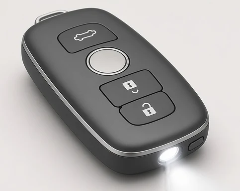 LumiFob for Mercedes-Benz GLE smart key, three-quarter view with the LED light on, design concept